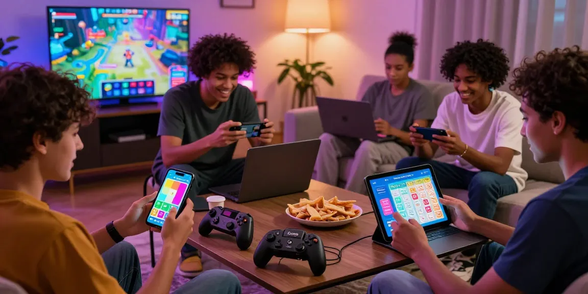 Engaged players enjoying Tiranga Games on mobile devices in a vibrant living room setting.