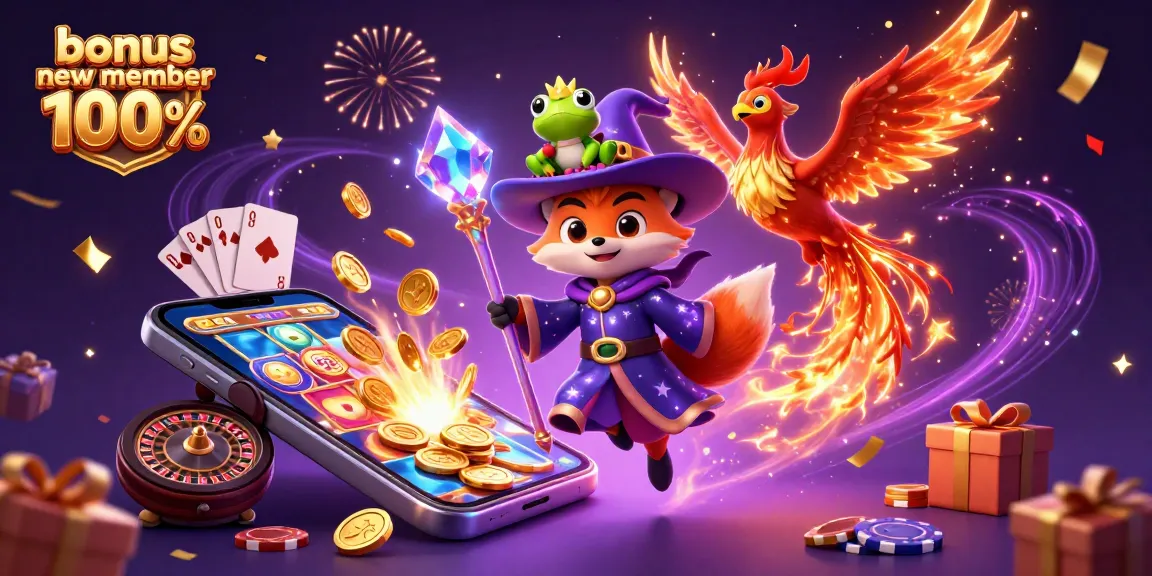 Experience winning with bonus new member 100% at our vibrant casino-themed 3D digital illustration.