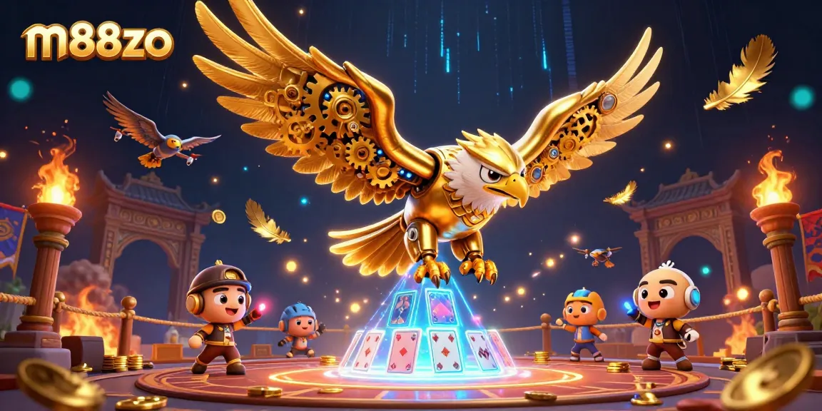 Experience the thrilling world of m88zo as the golden eagle dives through holographic cards in an action-packed casino scene.