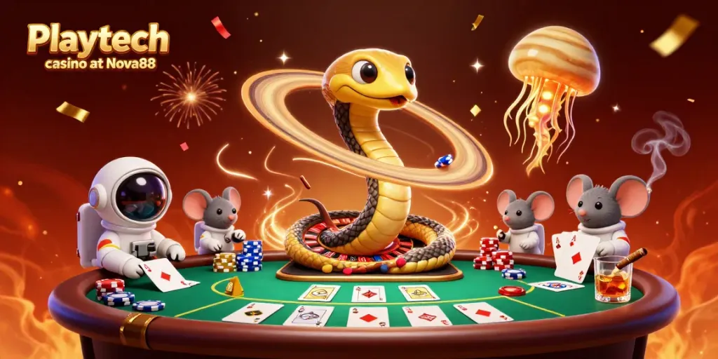 Experience the thrill of Playtech casino at Nova88 with a vibrant cosmic scene of gaming action.