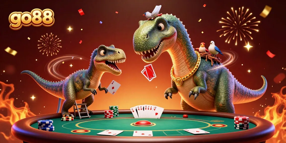 Engage with go88's exciting poker scene featuring animated characters, cards, and festive elements.