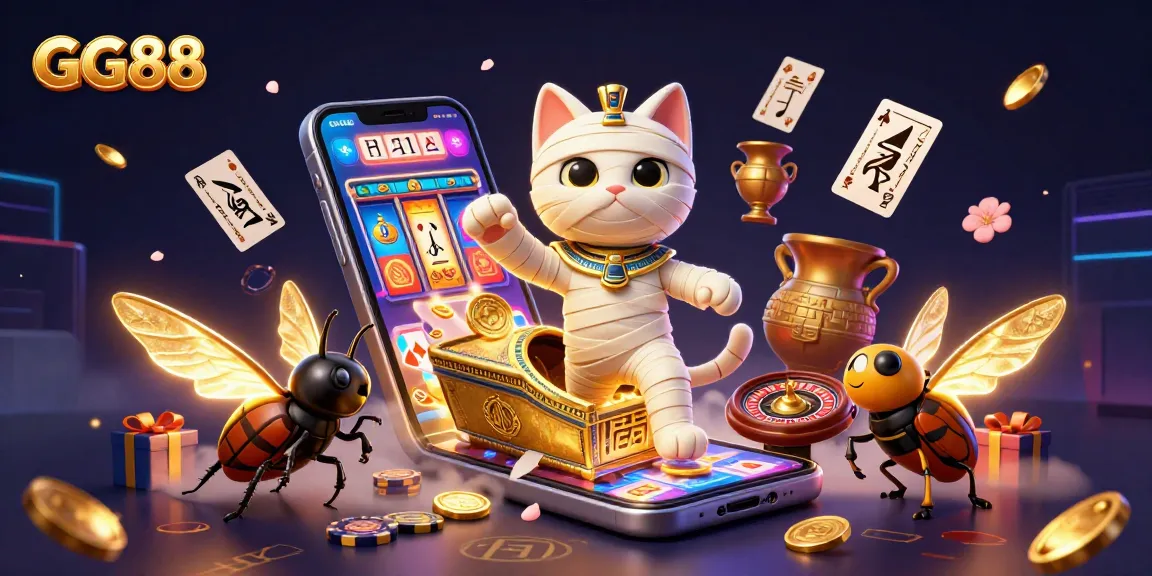 Experience the excitement of GG88 as the mummy cat emerges with golden coins and gaming elements!