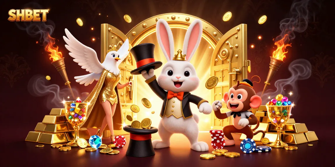 Experience SHBET magic with a 3D scene of a magician rabbit, dove, and monkey amidst golden treasures.
