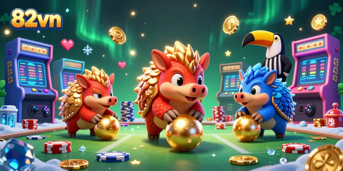 Engage in exciting gambling at 82vn with rival pangolins competing in a vibrant casino setting.