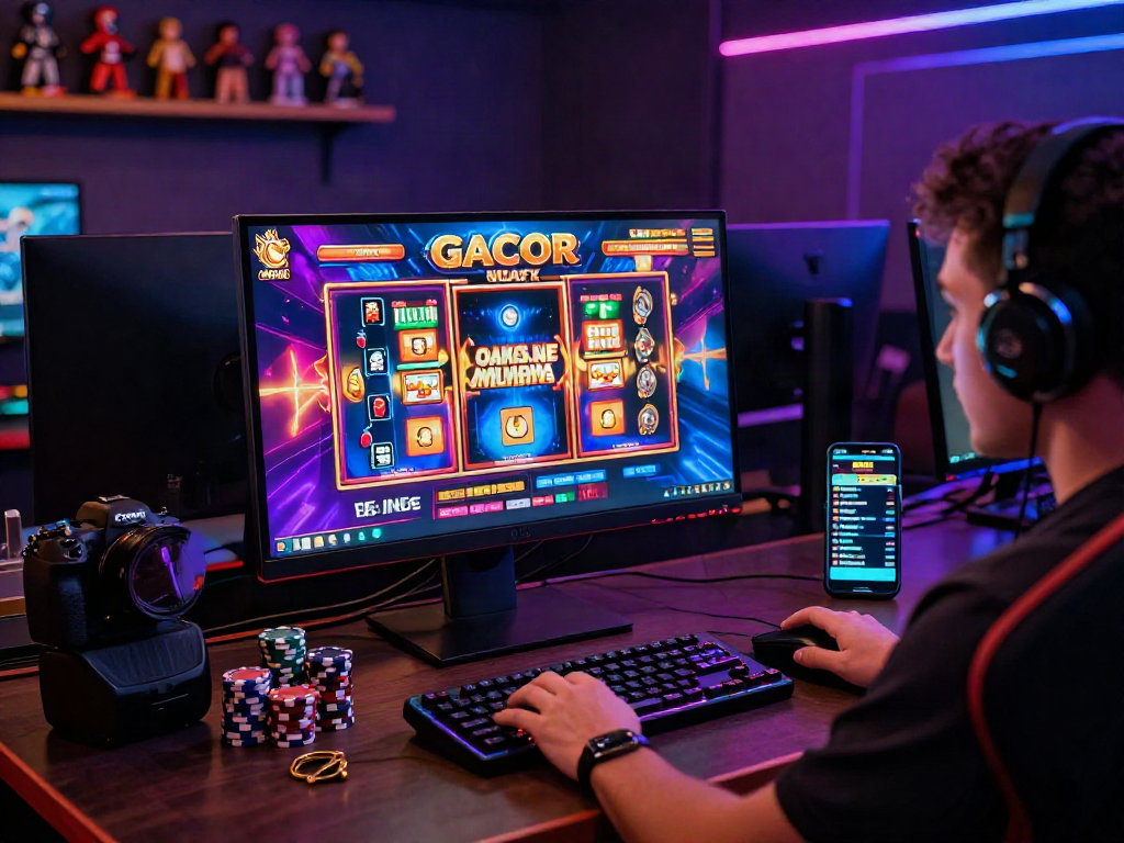 Player engaged in a thrilling slot gacor game on a vibrant computer setup with gaming equipment.