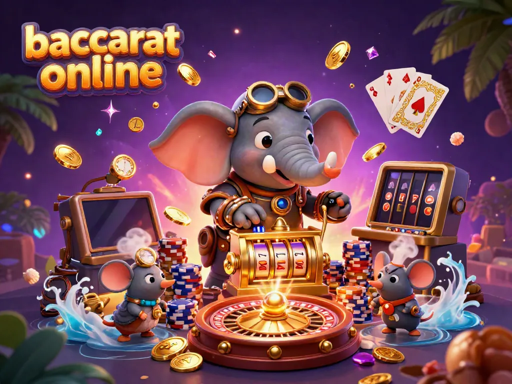 Experience baccarat online with a vibrant 3D steampunk elephant at a golden slot machine surrounded by riches.