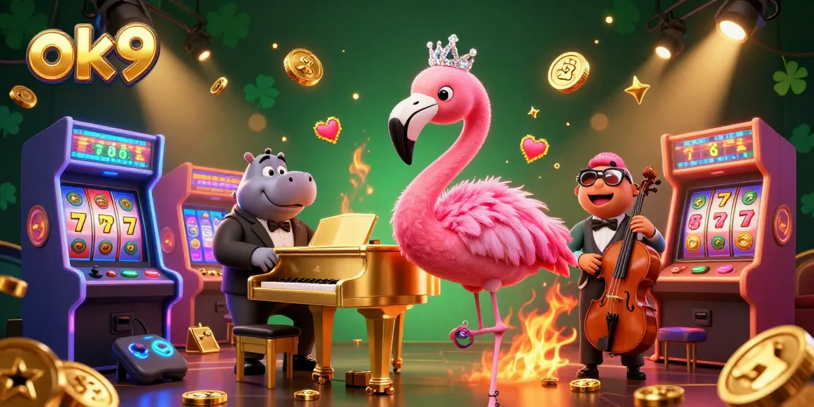 Enjoy exciting gaming adventures with ok9 at a lively casino, featuring vibrant characters and thrilling slot machines.