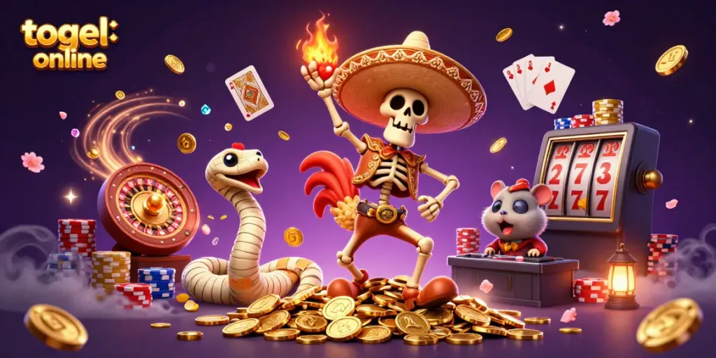 Engage in togel online action with a vibrant celebration featuring iconic characters and golden coins.