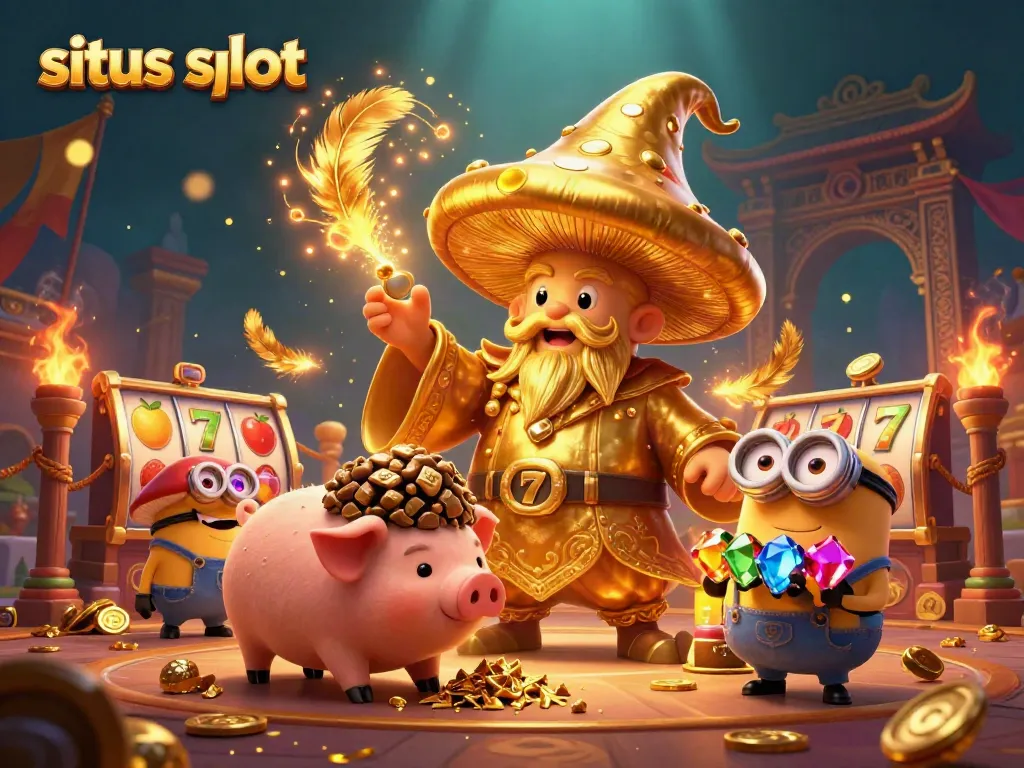 Experience excitement at situs slot with a magical wizard and treasure-hunting pig in a vibrant casino environment.