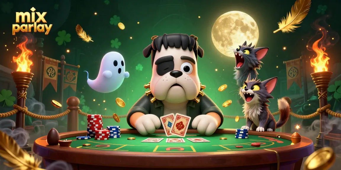 Engage in mix parlay betting with a dynamic 3D scene featuring a Frankenstein bulldog and mystical creatures.