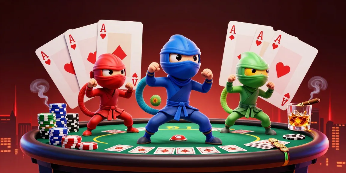 kk55 chameleon ninjas showcase poker skills with vibrant chips and cards in a lively casino scene.
