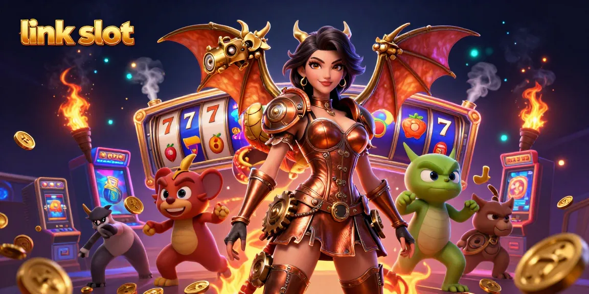Spin the reels in an exciting link slot game surrounded by vibrant slot machines and golden jackpots.