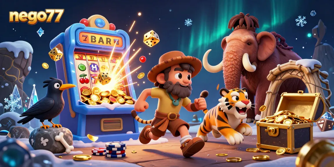 Experience exciting gameplay at nego77 with a lively 3D casino illustration featuring vibrant slot machines and engaging characters.
