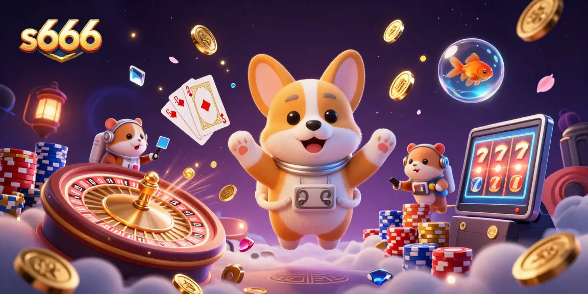 Join the fun at s666 with exciting games as a corgi astronaut floats through a casino scene.