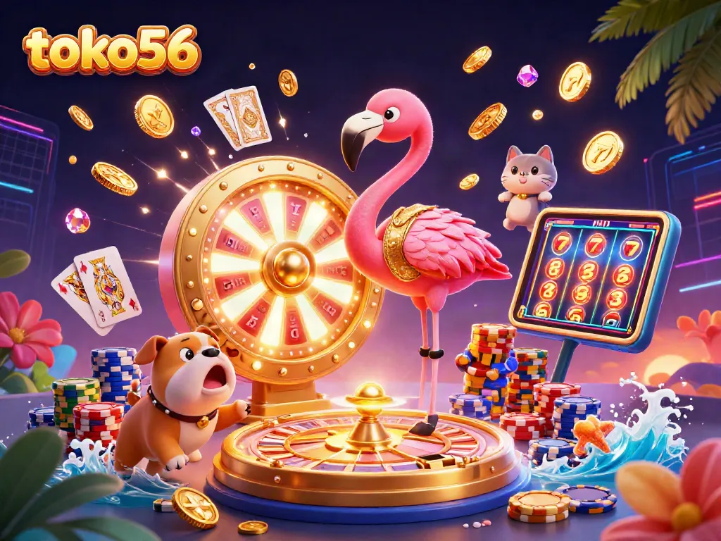 Menangkan hadiah besar di toko56 dengan slot mesin dan kartu remi dalam ilustrasi kasino interaktif.