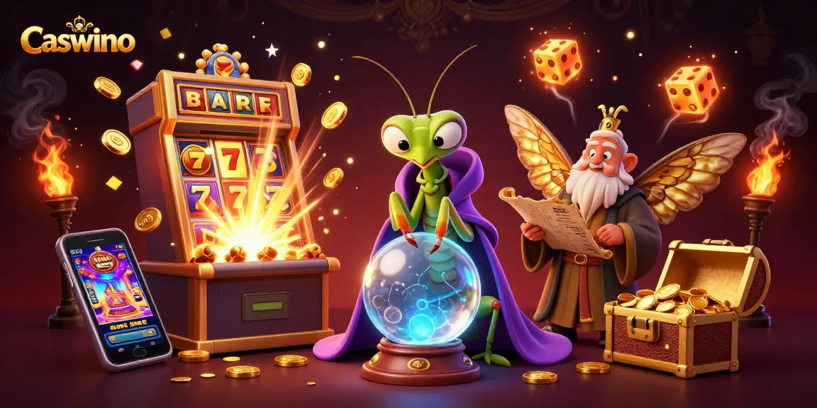 Caswino illustration featuring a mystical fortune teller and a librarian amidst dynamic casino game elements.
