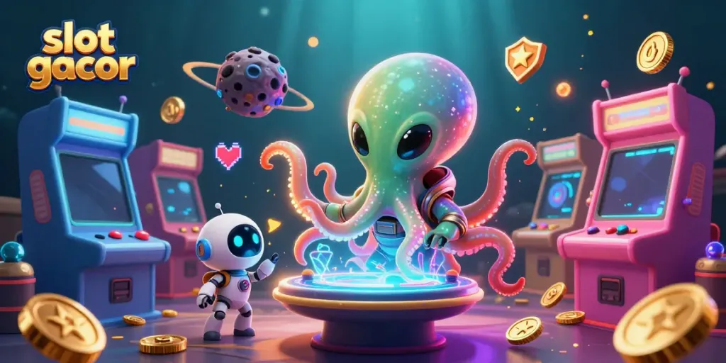 Slot gacor menampilkan alien kartun di kasino holografik yang ceria dan dinamis.