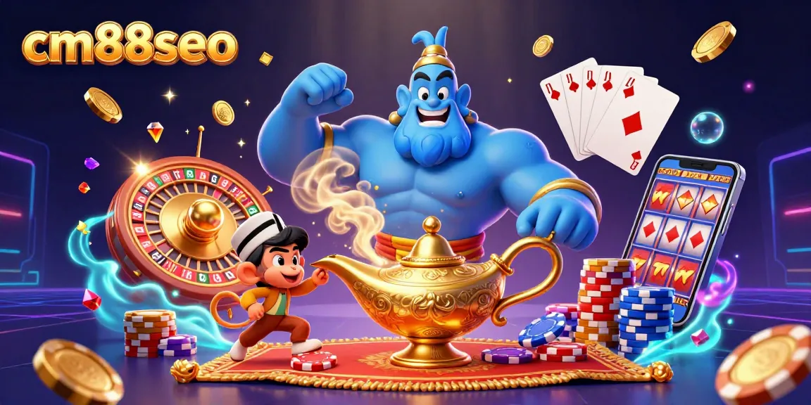 Experience thrilling gaming adventures at cm88seo with a magical scene featuring a genie, poker chips, and vibrant casino elements.