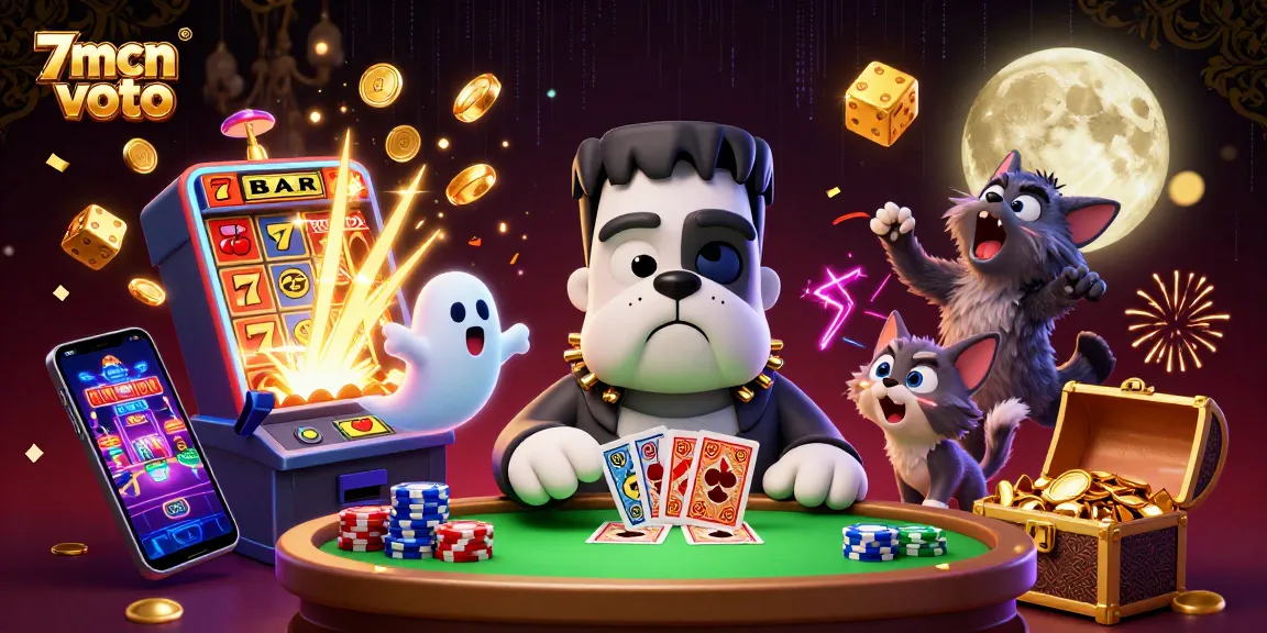 Engage with 7mcn voto as a 3D cartoon bulldog dealer captivates players with chips and golden treasures.