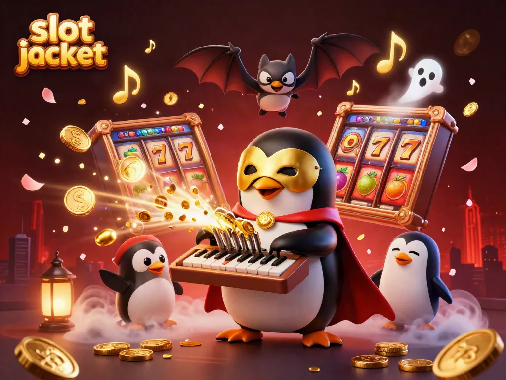 Slot jackpot dengan penguin opera 3D dan elemen permainan yang penuh warna dan dinamis.