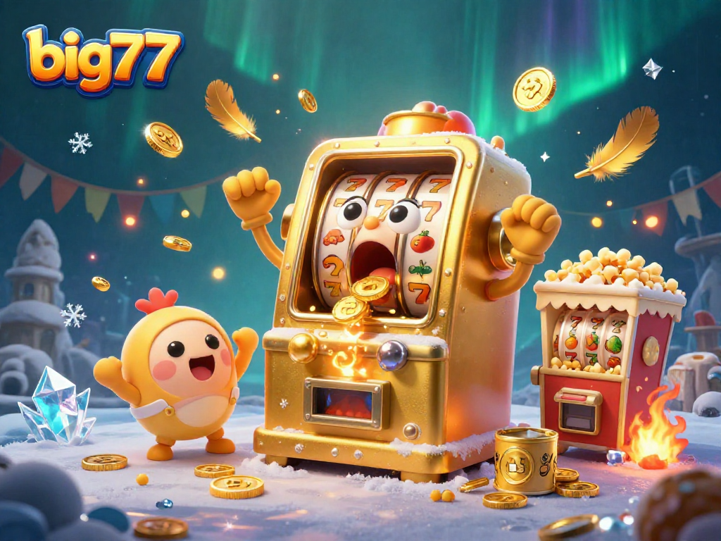 Engage with big777 as a golden slot machine hits a jackpot, surrounded by cheering slots and golden coins.