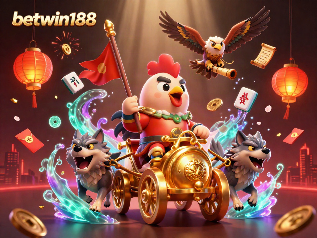 Experience the thrill of betwin188 in this vibrant 3D illustration featuring a rooster warlord and golden elements.