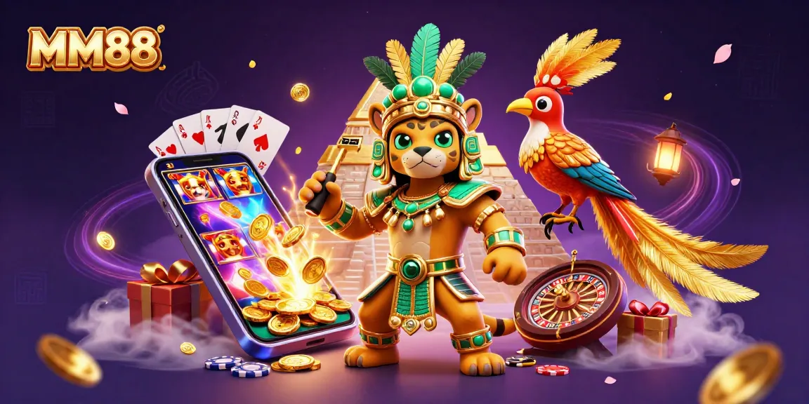 Engage with MM88's thrilling slot games featuring a Mayan priest and quetzal bird in vibrant 3D art.