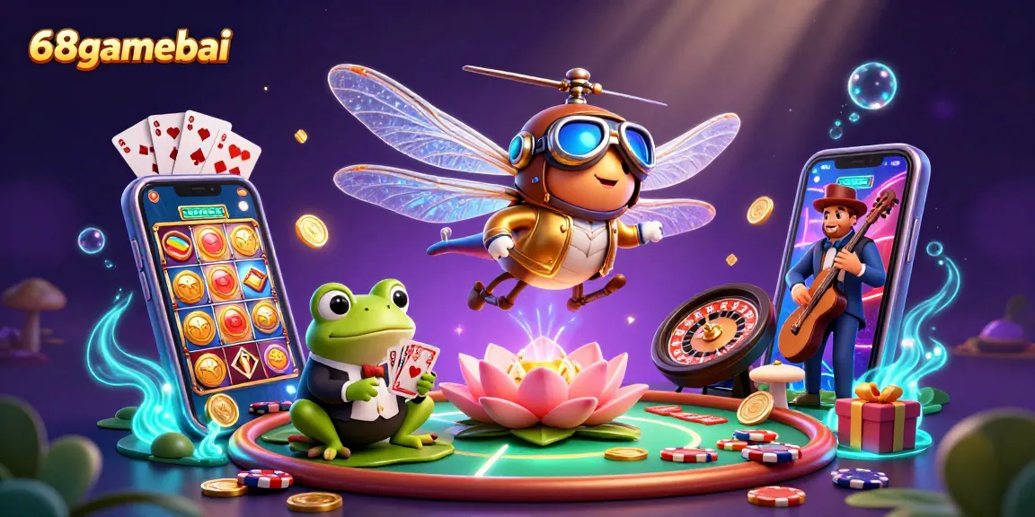 Experience thrilling games at 68gamebai with a dynamic casino illustration featuring a dragonfly pilot, frog dealer, and jazz musicians.