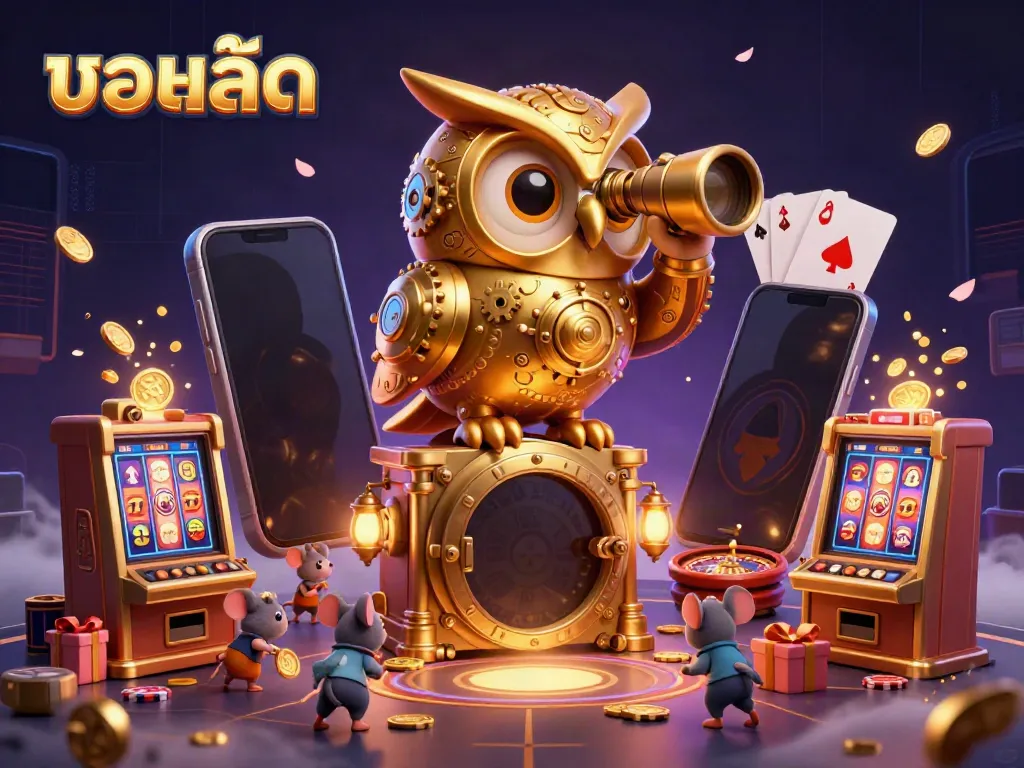 Experience exciting บอลสด action with our vibrant 3D cartoon scene featuring a golden owl, slot games, and dynamic gaming elements.