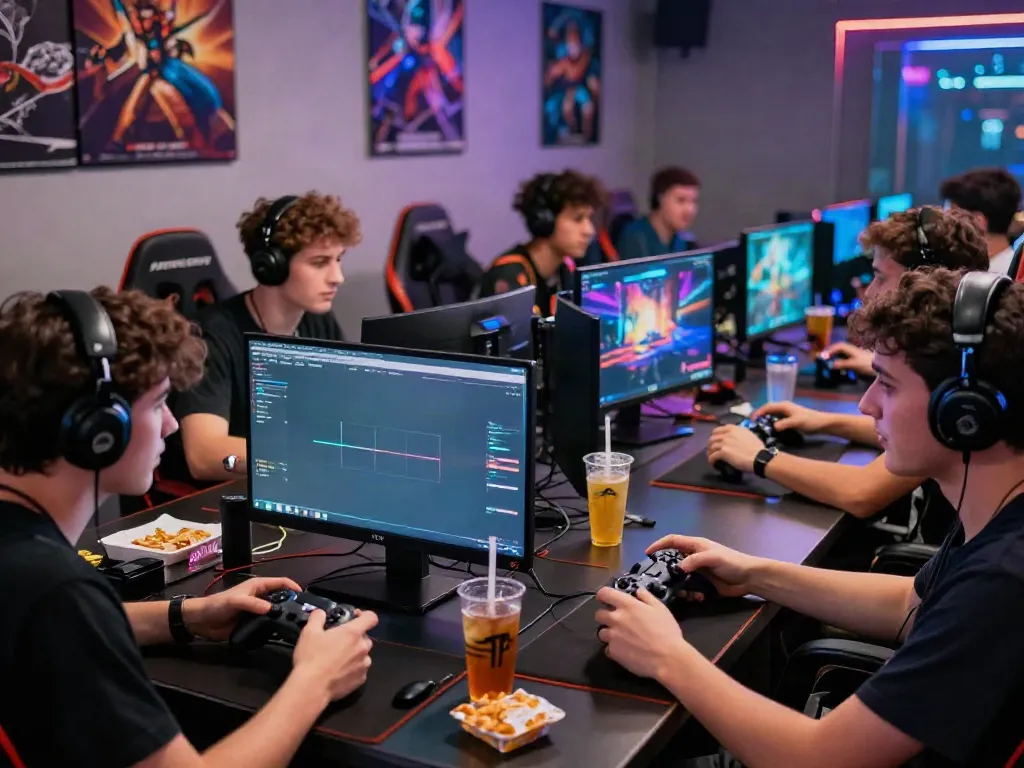 Exciting gaming night scene featuring players enjoying unsurtoto online games with snacks and drinks.