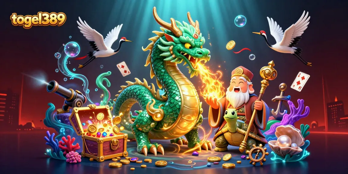 Experience the excitement of togel389 with a dynamic scene featuring dragons, turtles, and treasures.