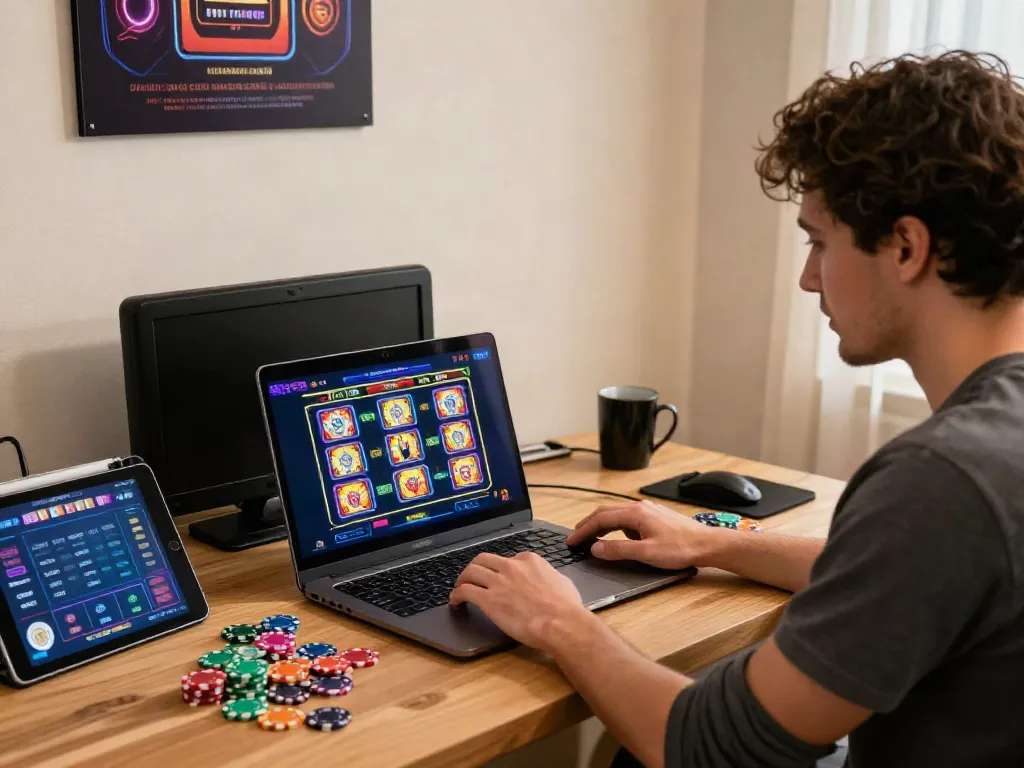 Player engaging with akunjp online gambling in a modern home office.