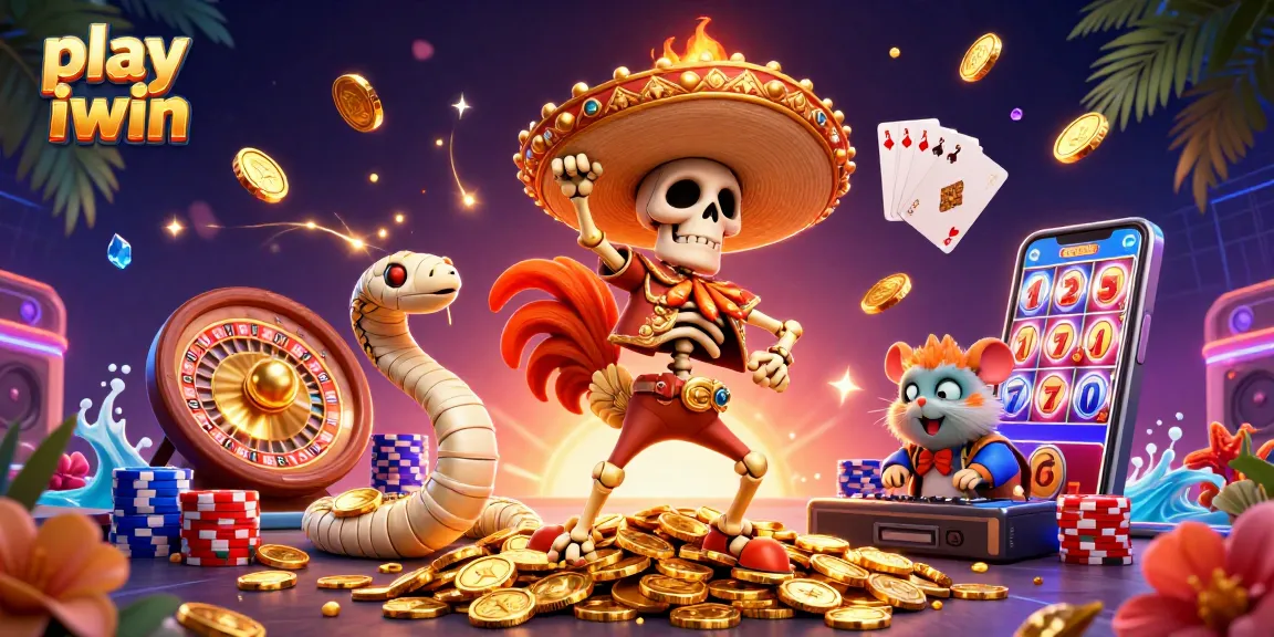Play iwin with thrilling 3D characters celebrating wins amidst coins and casino elements.
