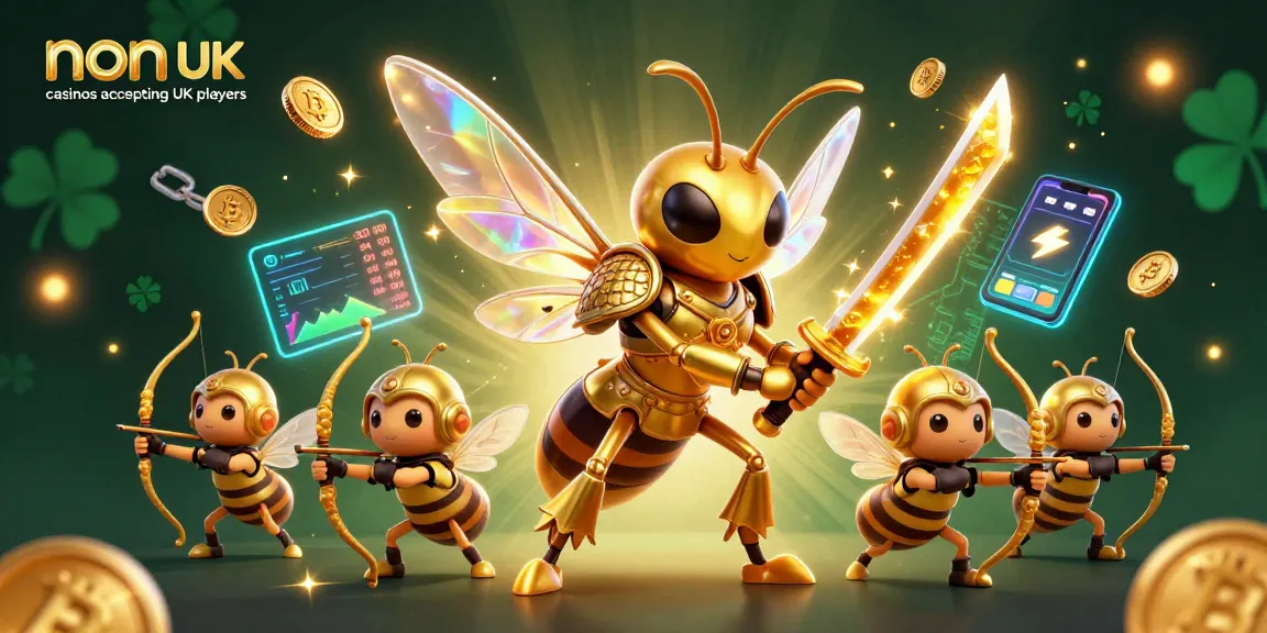 Experience the excitement of non UK casinos accepting UK players with golden hornet warriors and cryptocurrency elements glimmering.