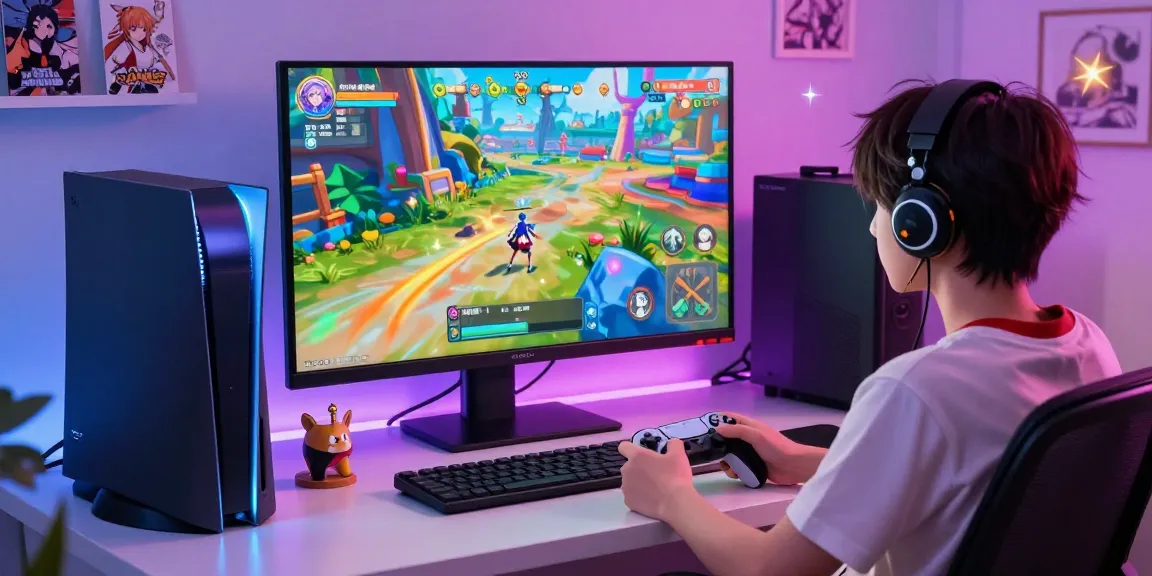 Engaging anime character focused on playing hentai games in a vibrant gaming setup.