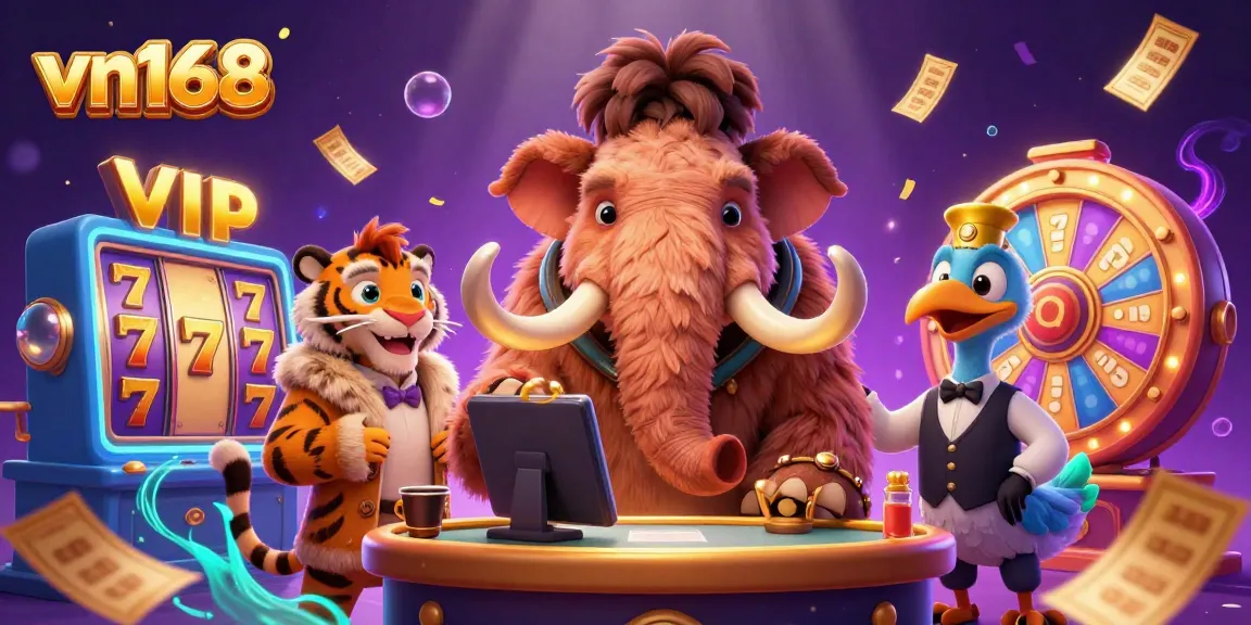 Experience the thrill of vn168's colorful casino scene featuring a woolly mammoth bouncer, saber-tooth tiger VIP, and dynamic game elements.