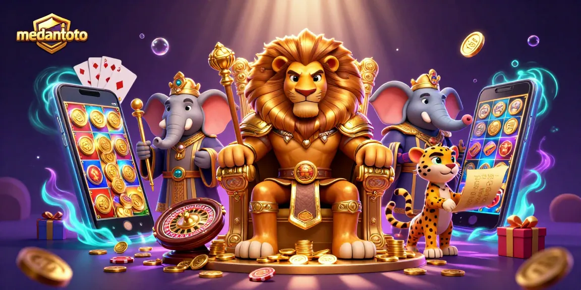 Medantoto menunjukkan slot game menguntungkan dengan karakter kartun raja singa yang megah dan suasana meriah.