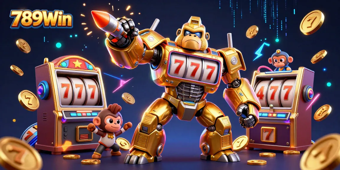 Experience thrilling gameplay at 789Win with a dynamic illustration featuring a golden gorilla mech.