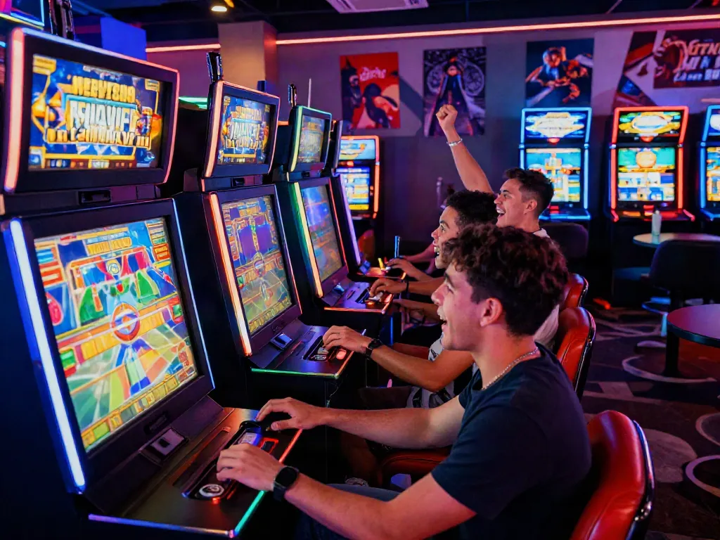 Excited group playing slot gacor thailand games in a lively gaming lounge.