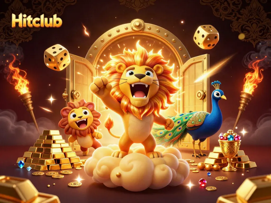 Experience the thrill of Hitclub with dynamic casino elements and joyous characters in an immersive illustration.