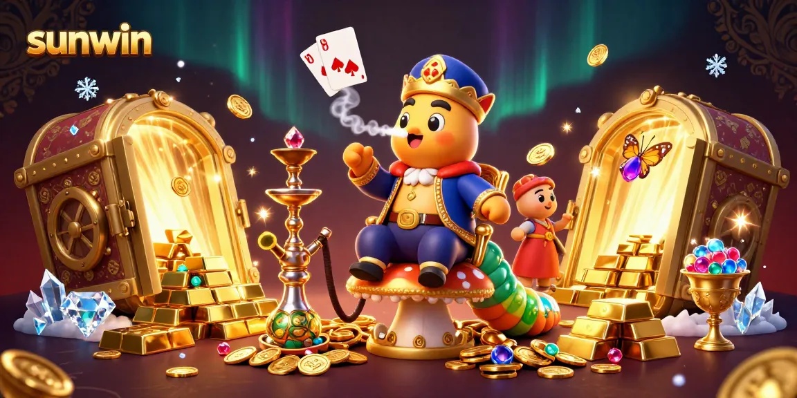 Join in on the excitement at Sunwin as vibrant treasures and poker symbols create an energetic gaming atmosphere.