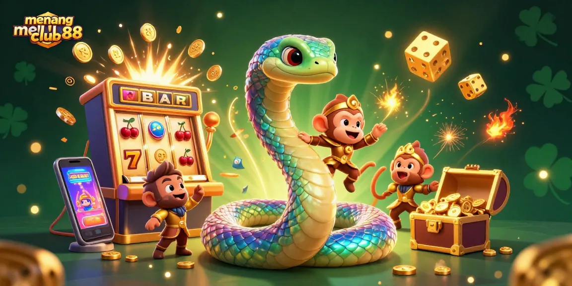 Experience exciting gameplay with menangclub88 as a vibrant rainbow serpent and playful monkey king illuminate a magical casino scene.