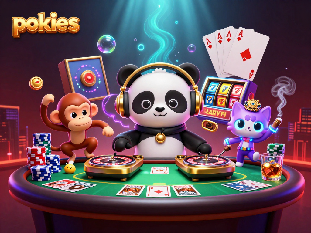 Experience the excitement of pokies in an energetic 3D casino illustration featuring vibrant characters.