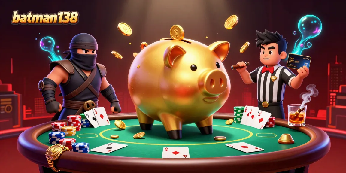 Gambarkan batman138 dengan karakter pemukul koin dan elemen kasino di sekelilingnya.