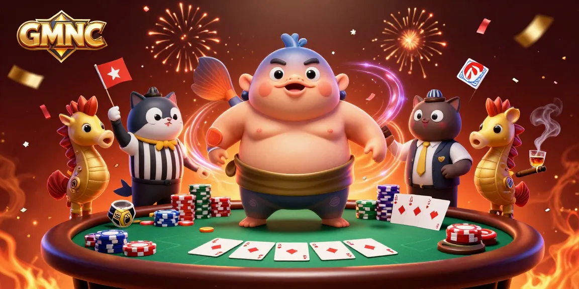 GMNC poker scene featuring a fugu in a sumo belt and a catfish referee amidst vibrant casino elements.