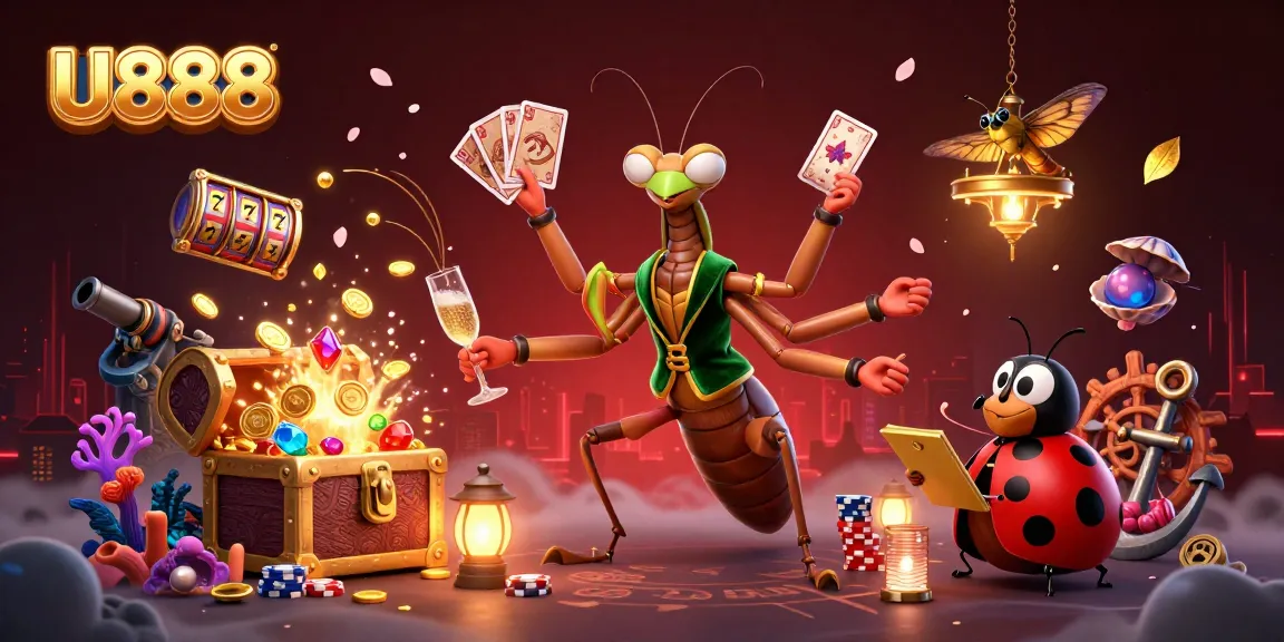 Experience U888's vibrant gaming scene with a giant mantis and ladybug characters amid dynamic casino elements.