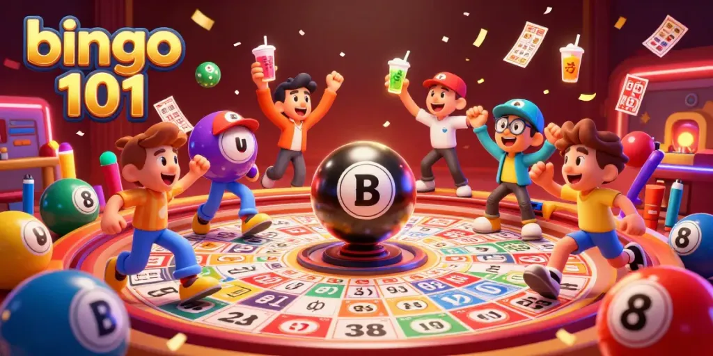 Bingo 101 scene showcasing lively interactions among animated bingo characters, vibrant cards, and players celebrating wins.