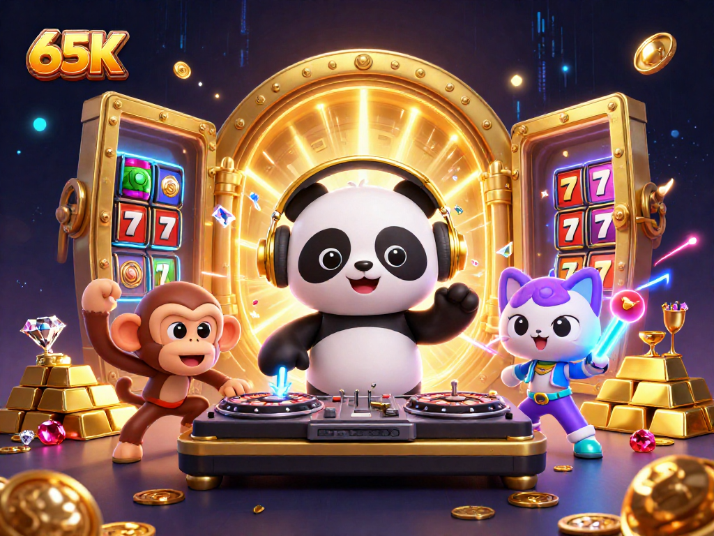 O 65K ilumina uma cena vibrante com um panda DJ em turntables e um macaco dançando.