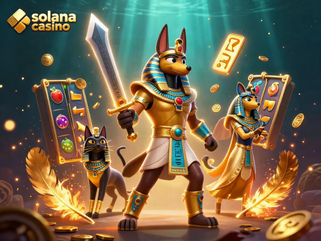 Experience thrilling gameplay with Solana Casino's captivating 3D rendering, featuring Anubis and Bastet.