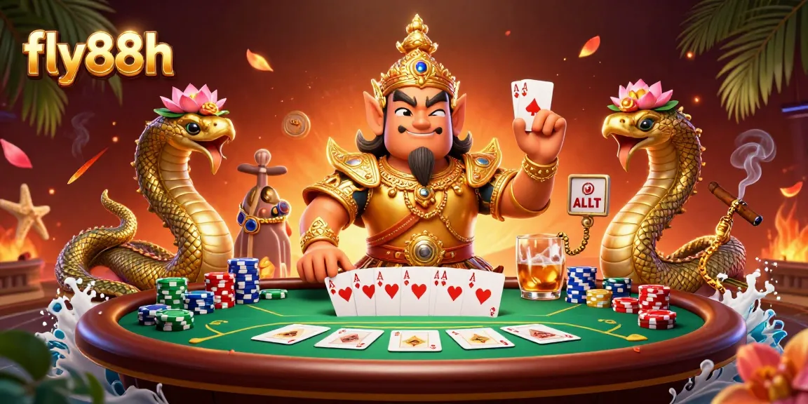 Experience the vibrant action with fly88h at a colorful poker table, surrounded by striking golden guardians.